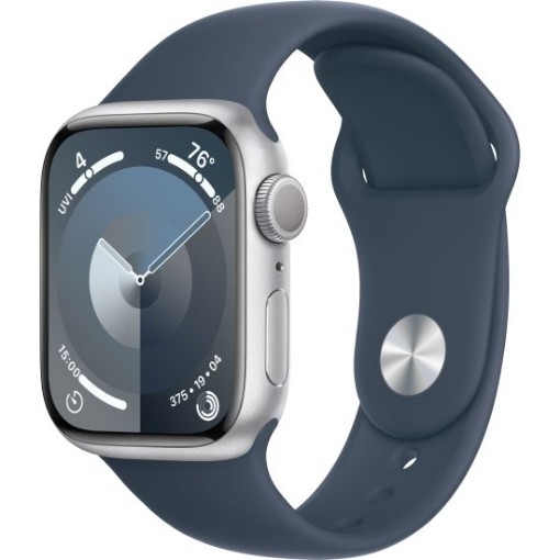 Изображение Apple Watch 41mm Series-9 GPS, серебристого цвета корпус из алюминия, ремешок Storm Blue Sport Band, размер M/L.