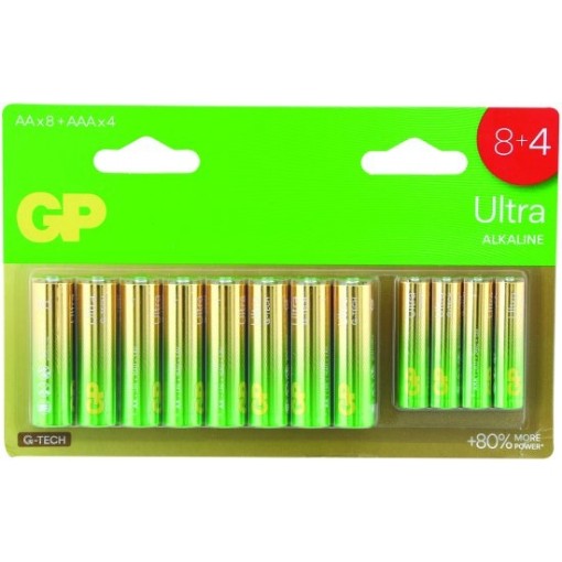 Изображение 8 батареек AA и 4 батареек AAA не перезаряжаемые модели Ultra Alkaline от компании GP.